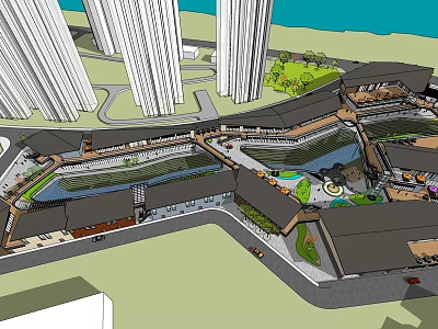 Modern Urban Commercial Street Design Featuring High Rise Buildings And Green Public Spaces 3d model