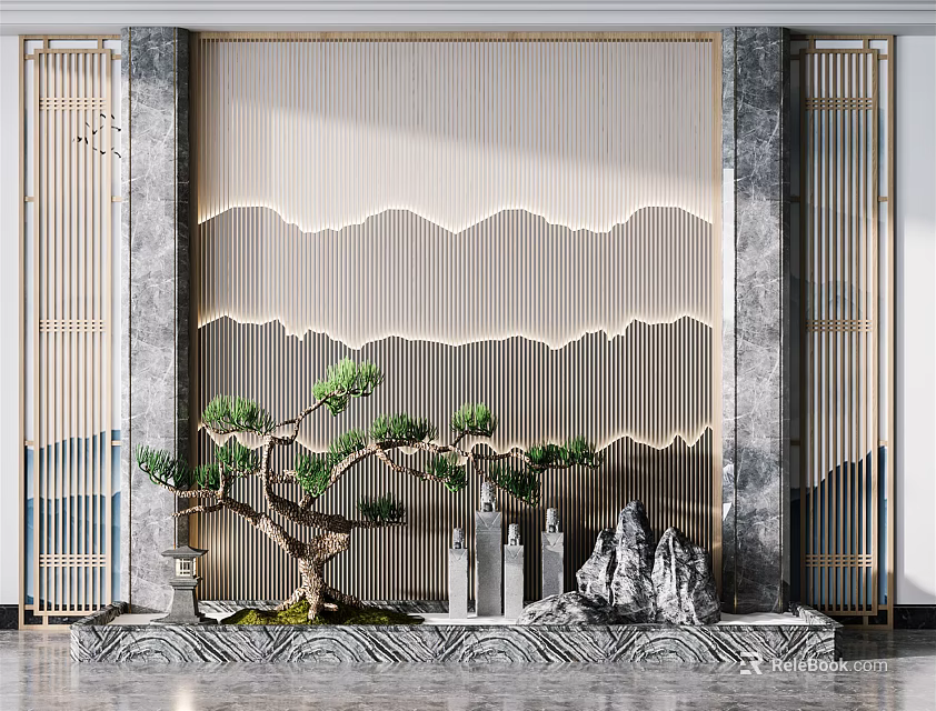 Garden Ornament With Bonsai Pine Tree Rockery And Wavy Patterned Backdrop On Marble Base 3d model