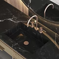 Modern Bathroom Vanity With Round Backlit Mirror Wooden Cabinet Marble Countertop And Gold Accents