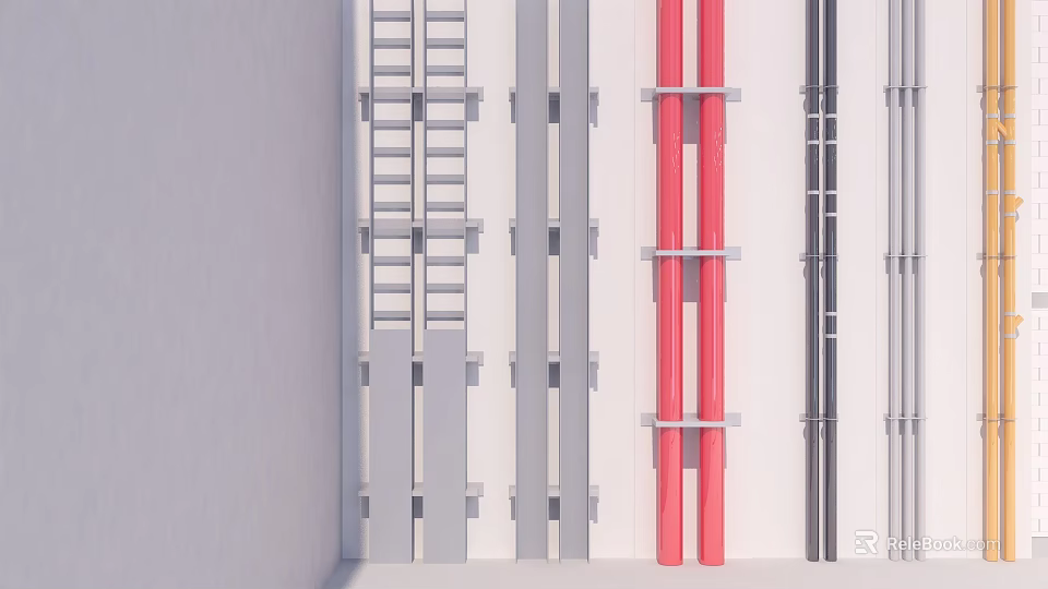 Gray And Red Vertical Striped Wall With Various Shaped Metal Brackets Design 3d model