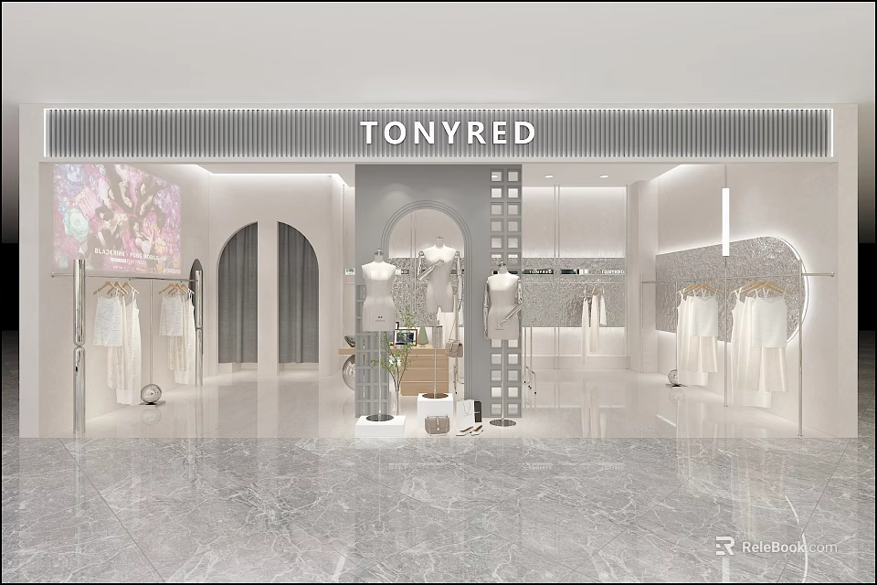 Tonyred Clothing Store Interior With White Clothes Arched Doors And Marble Floor 3d model 