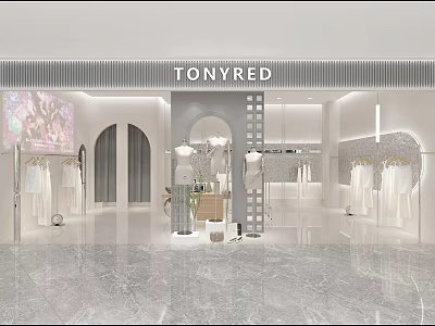 Tonyred Clothing Store Interior With White Clothes Arched Doors And Marble Floor 3d model