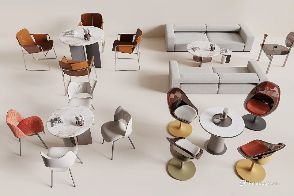 Modern Table and Chair Set With Colorful Chairs Marble Tabletops and Metal Frames 3d model 