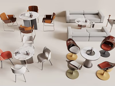 Modern Table and Chair Set With Colorful Chairs Marble Tabletops and Metal Frames 3d model