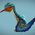 Feathered Flying Pterosaur With Blue Feathers Orange Beak And Blue Wings In Flight