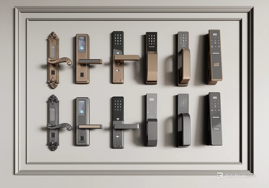 Various Modern Door Handles With Smart Locks Digital Screens And Metal Finishes Displayed 3d model 