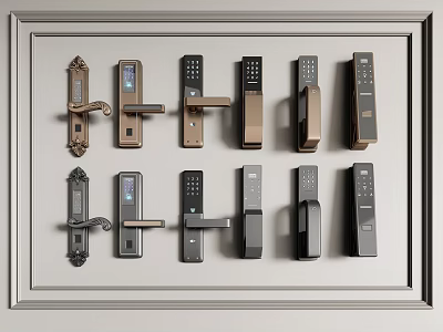Various Modern Door Handles With Smart Locks Digital Screens And Metal Finishes Displayed 3d model