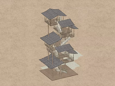 Traditional Multi Level Tower With Stacked Floors Spiral Staircase And Multiple Roofs Design 3d model