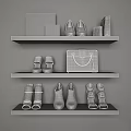 Various Stylish Shoes Placed on White Shelves with Chanel Bag Pink Purse and Boxes