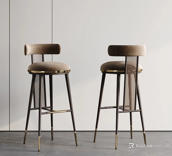 Dark Brown Upholstered Bar Stools With Modern Metal Frames And Arched Backrests 3d model 