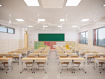 School Classroom With Rows Of Desks Chairs Chalkboard And Fans 3d model
