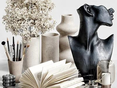 Stylish Decorative Ornament Set With Sculptural Head Vases Dried Flowers Books Paintbrushes And Candle 3d model