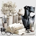 Stylish Decorative Ornament Set With Sculptural Head Vases Dried Flowers Books Paintbrushes And Candle