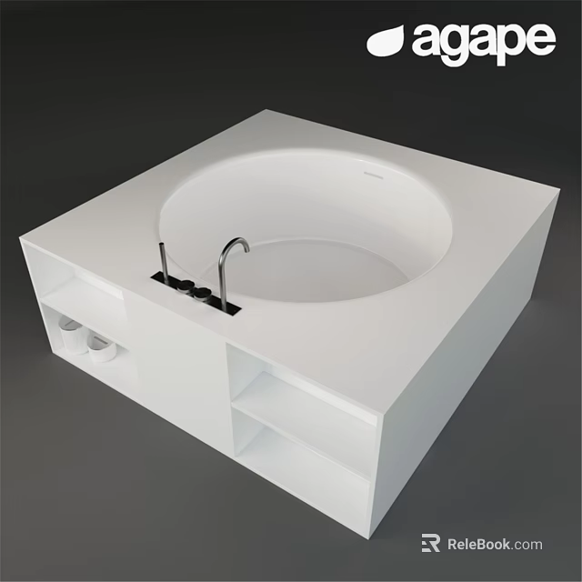 Modern White Square Bathtub Design With Black Faucet And Storage Shelves 3d model 