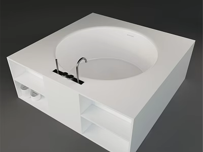 Modern White Square Bathtub Design With Black Faucet And Storage Shelves 3d model