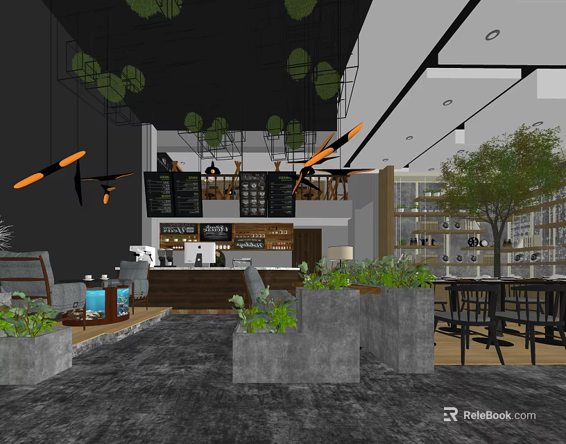 Modern Bubble Tea Shop Interior With Hanging Lights Green Plants And Cozy Seating Area 3d model 
