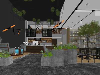 Modern Bubble Tea Shop Interior With Hanging Lights Green Plants And Cozy Seating Area 3d model