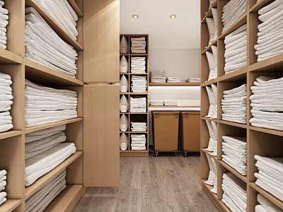 Organized Walk-in Closet Interior Design With Neatly Stacked White Towels And Wooden Shelves 3d model