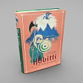 The Hobbit Book by J.R.R. Tolkien with Orange Cover Featuring Character Mountain and Water Illustrations
