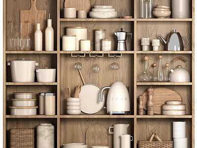 Stylish Kitchenware Collection On Wooden Shelves With Ceramic Dishes Glass Jars And Coffee Pots 3d model
