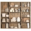 Stylish Kitchenware Collection On Wooden Shelves With Ceramic Dishes Glass Jars And Coffee Pots