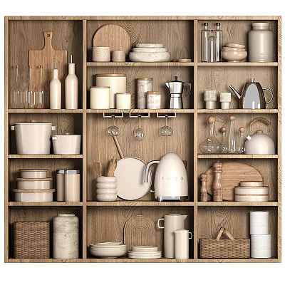 Stylish Kitchenware Collection On Wooden Shelves With Ceramic Dishes Glass Jars And Coffee Pots 3d model