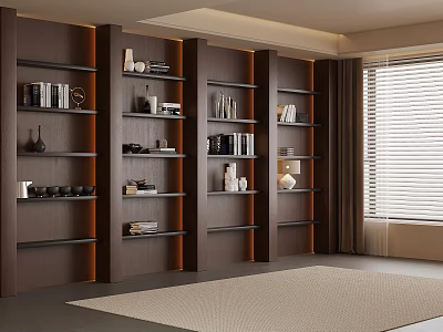 Modern Dark Brown Full Wall Wooden Bookshelf With Elegant Decor Displays And Large Storage Spaces 3d model