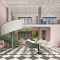 Modern Staircase in Glass Curtain Wall Building with Golden Frame and Indoor Plants