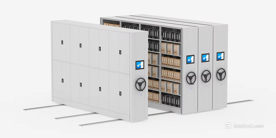 Mobile Compact Bookcase System With Rolling Shelves File Folders And Digital Screens 3d model 