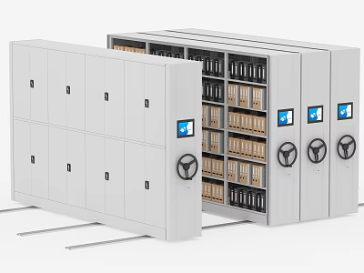 Mobile Compact Bookcase System With Rolling Shelves File Folders And Digital Screens 3d model