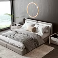 Modern Double Bed Interior With Leather Headboard Bedside Tables And Grey Bedding