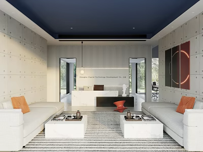 Modern Reception Area With Front Desk Sofa Decorative Paintings And Blue Ceiling 3d model