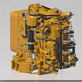 Yellow Mechanical Engine with Detailed Pipes and Metal Components Structure 3d model