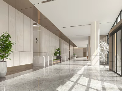 Modern Front Desk Reception Area With Marble Desk Indoor Plants And Natural Light 3d model