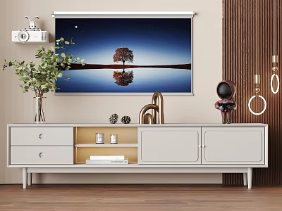 Modern White TV Cabinet With Decorative Plants Sculpture And Wall Art 3d model