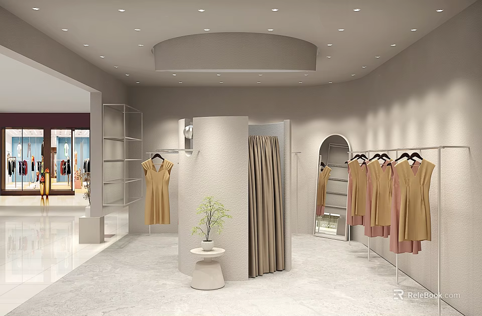 Modern Clothing Store Interior With Clothes Racks Mirror And Decorative Plant 3d model 