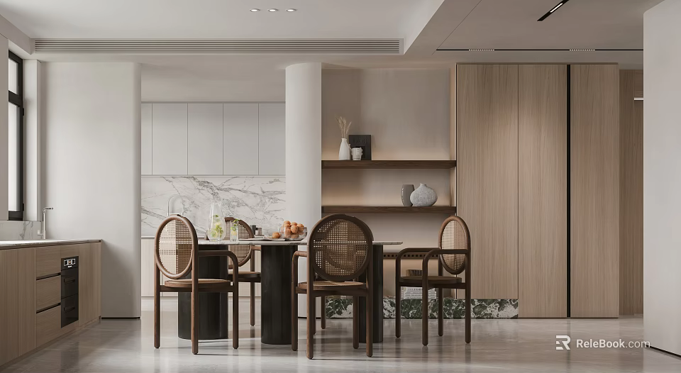 Modern Living And Dining Room Interior Design With Dining Table Chairs And Decorative Shelves 3d model 