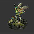 Vibrant Detailed Insect Sculpture With Larva On Stone Base And Small Plants