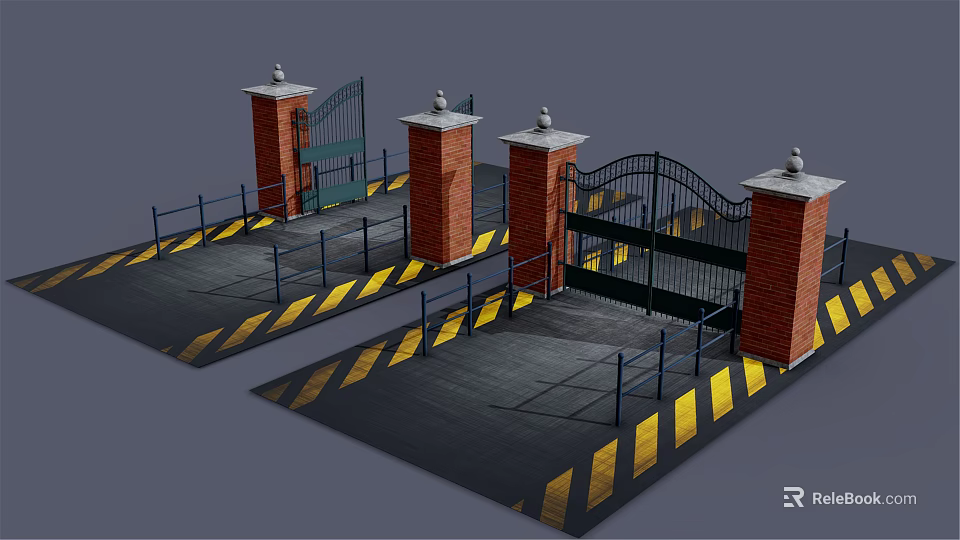 Entrance Gate With Brick Pillars Black Iron Design And Yellow Warning Stripes On Ground 3d model 