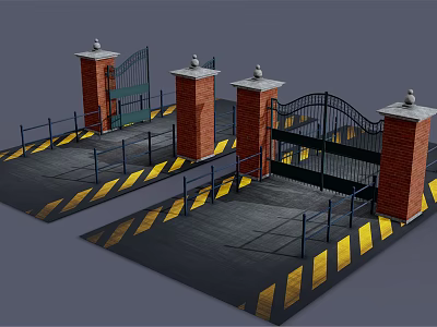 Entrance Gate With Brick Pillars Black Iron Design And Yellow Warning Stripes On Ground 3d model