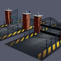 Entrance Gate With Brick Pillars Black Iron Design And Yellow Warning Stripes On Ground