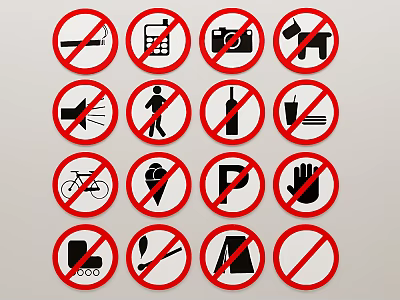 Various Prohibited Signs Icons Including No Smoking Parking Pets and Bicycles 3d model