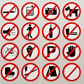 Various Prohibited Signs Icons Including No Smoking Parking Pets and Bicycles