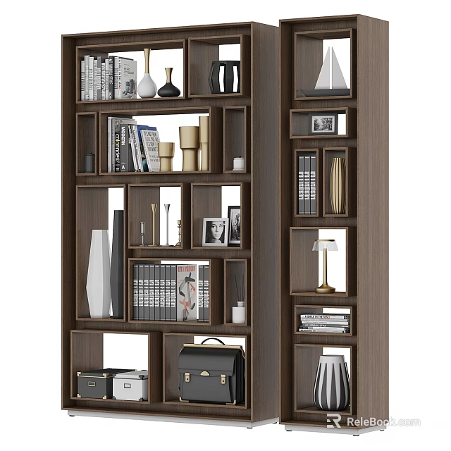 Modern Wooden Shelving Unit With Multiple Compartments Books Photo Frames Vases And Bag 3d model 