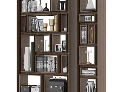 Modern Wooden Shelving Unit With Multiple Compartments Books Photo Frames Vases And Bag 3d model