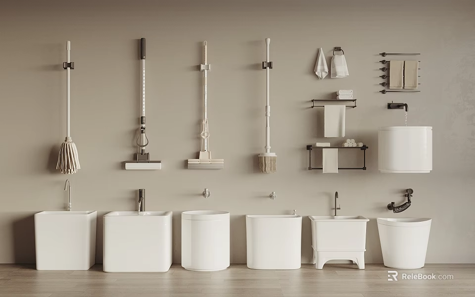 Bathroom Accessories Collection Featuring White Basins Wall Mounted Cleaning Tools And Towel Holders 3d model