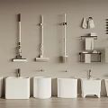 Bathroom Accessories Collection Featuring White Basins Wall Mounted Cleaning Tools And Towel Holders 3d model