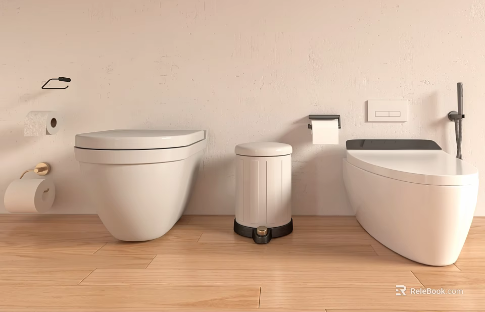 Modern White Toilet In Bathroom With Wooden Floor Trash Can And Toilet Paper Holder 3d model 