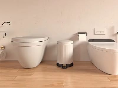 Modern White Toilet In Bathroom With Wooden Floor Trash Can And Toilet Paper Holder 3d model