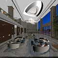 Elegant Hotel Lobby With Two Story Ceiling Chandelier Wooden Panels And Marble Flooring
